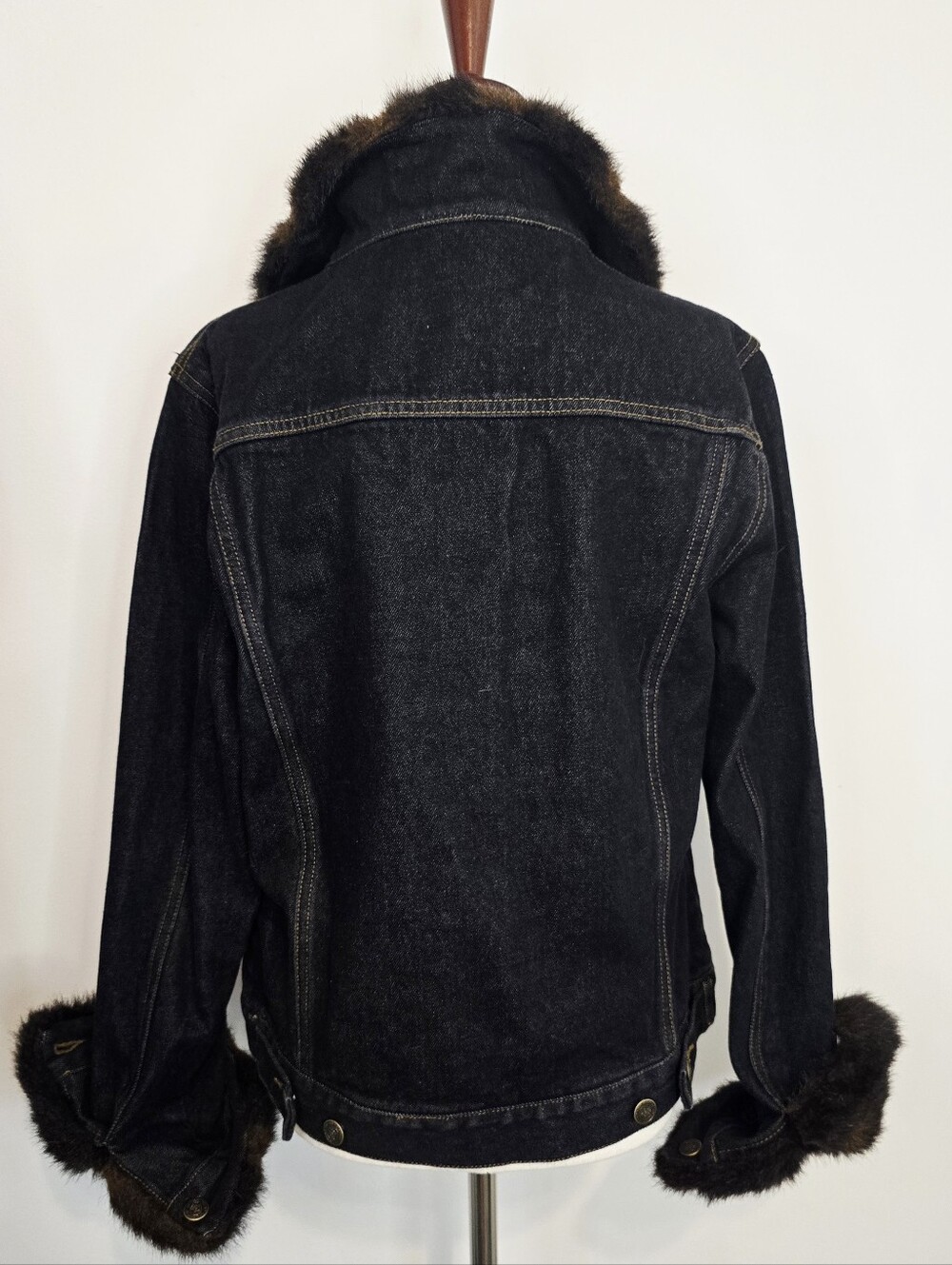Fuda New York Faux Fur Trim Denim Jacket Y2K Dark Wash Glam Vintage Mob Wife - Picture 11 of 13